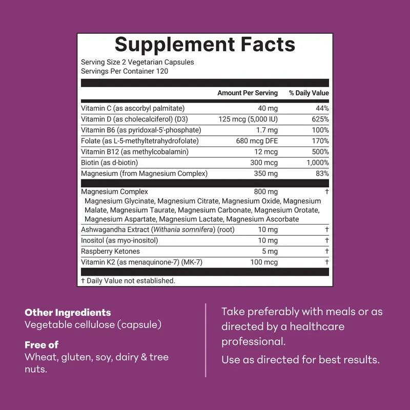 Magnesium Complex for Women, 240 Vegetarian Capsules | 20-In-1 Formula - Magnesium Blend with Vitamin D3, K2, Ashwagandha & More | Filler Free, Non-Gmo