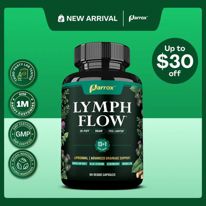Parrox Lymph Flow - 13 in 1 Support for De-Puff, Drain, Lighter Feel - Liposomal Lymphatic Drainage Supplement - (60 Veggie Capsules)