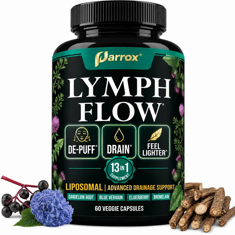 Parrox Lymph Flow - 13 in 1 Support for De-Puff, Drain, Lighter Feel - Liposomal Lymphatic Drainage Supplement - (60 Veggie Capsules)