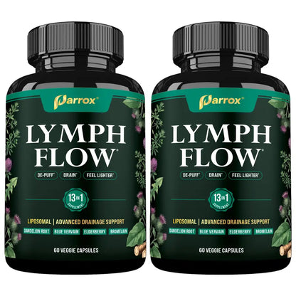 Parrox Lymph Flow - 13 in 1 Support for De-Puff, Drain, Lighter Feel - Liposomal Lymphatic Drainage Supplement - (60 Veggie Capsules)