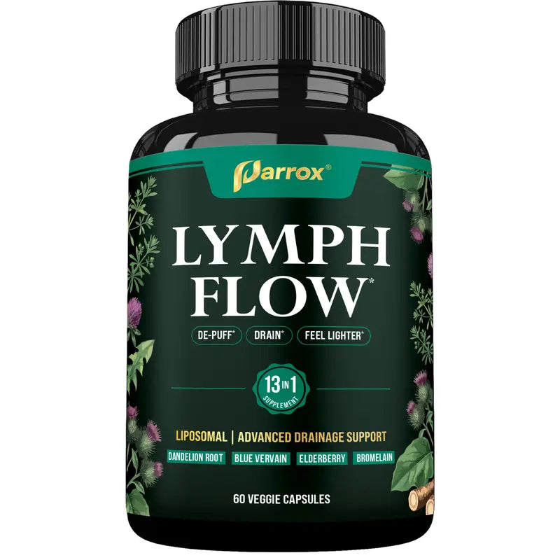 Parrox Lymph Flow - 13 in 1 Support for De-Puff, Drain, Lighter Feel - Liposomal Lymphatic Drainage Supplement - (60 Veggie Capsules)