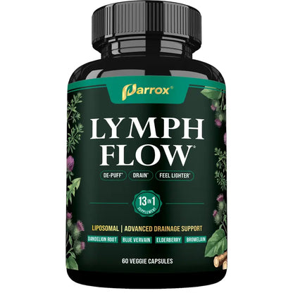 Parrox Lymph Flow - 13 in 1 Support for De-Puff, Drain, Lighter Feel - Liposomal Lymphatic Drainage Supplement - (60 Veggie Capsules)